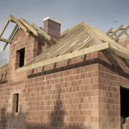 Surowy budynek w trakcie wznoszenia z cegły z widoczną konstrukcją dachu z belek drewnianych i kominem w ceglanej obudowie, otworami okiennymi i drzwiowymi bez ram